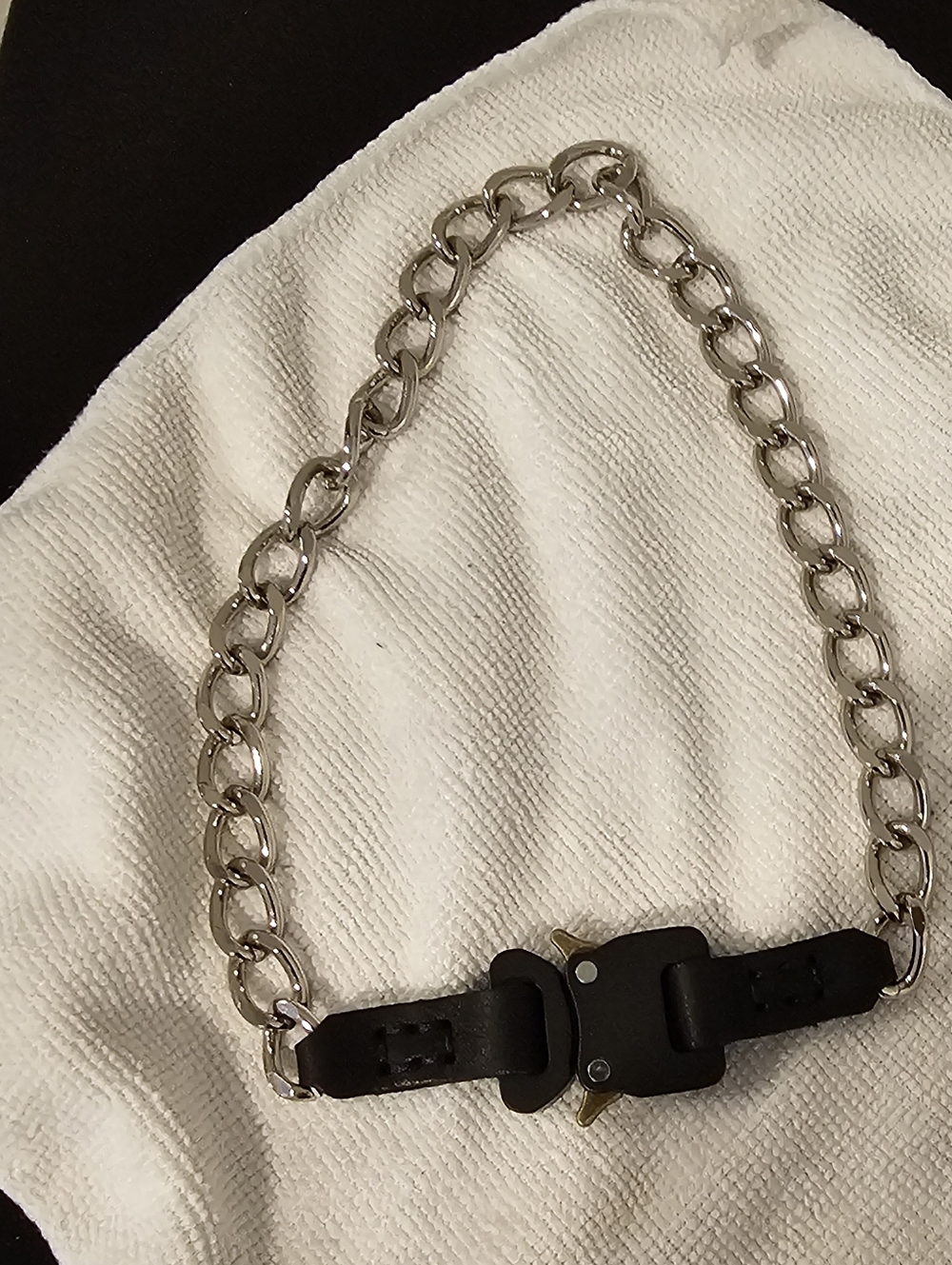 Silver Chain Necklace with Black Leather Buckle